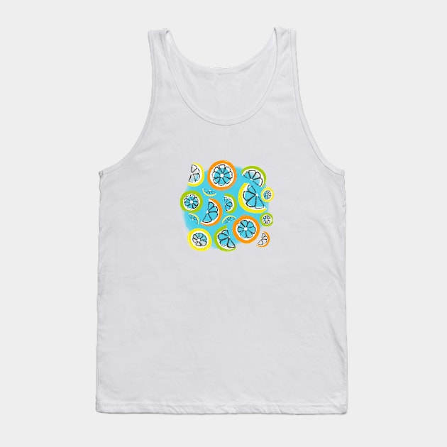 Refreshing orange, lemon, and lime slices on a sky blue painted circle Tank Top by HeartLiftingArt